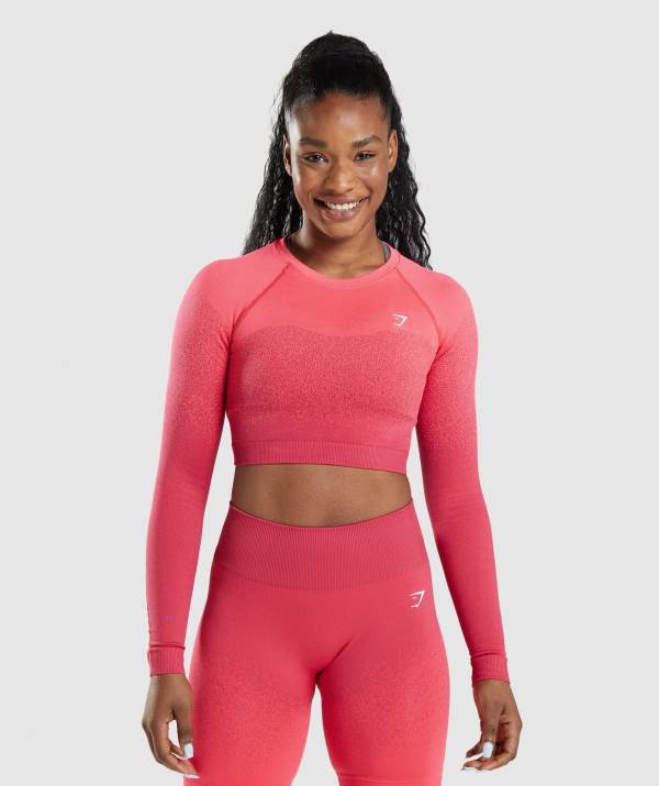 Damske Crop Top Gymshark Adapt Ombre Seamless Long Sleeve Červené Ruzove | TJ9261045